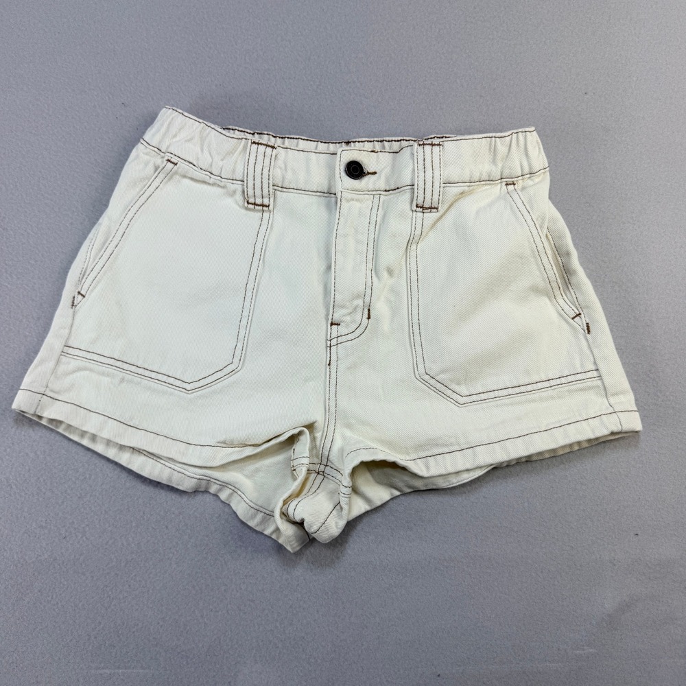 PacSun Women Sz M Cream Denim Contrast Stitch Utility Carpenter Shorts Off White